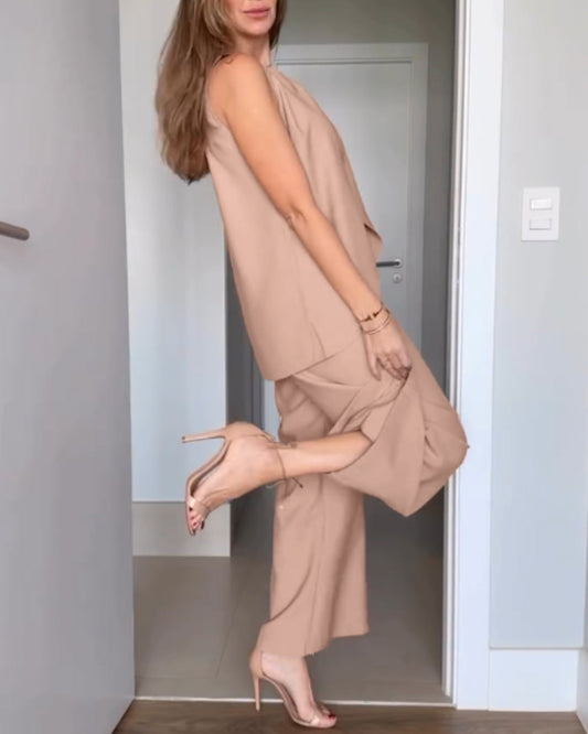 2 Pieces Outfit Round Neck Sleeveless Asymmetric Design Cut Top and Casual Elastic Waist Wide Leg Pants Set