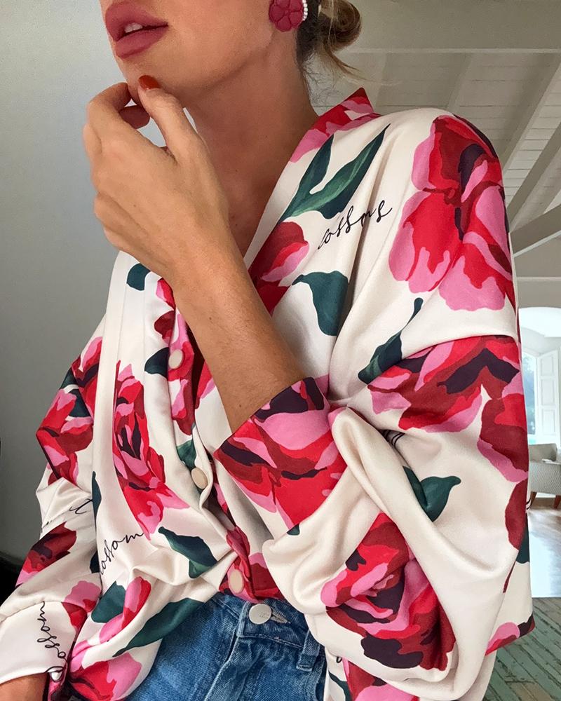 Floral Print Plunge V Neck Batwing Sleeve Blouse Casual Loose Fit Cardigan Top