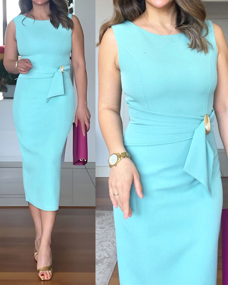 Round Neck Sleeveless Casual Ruched Slim Fit Mid Calf Dress