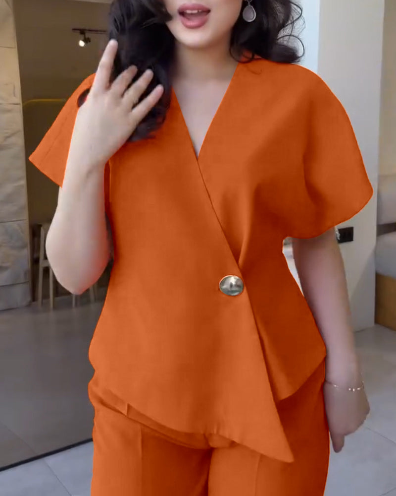 2 Pieces Outfit Overlap V Neck Bell Sleeve Single Button Front Asymmetrical Hem Top and Casual Wide Leg Pants Set