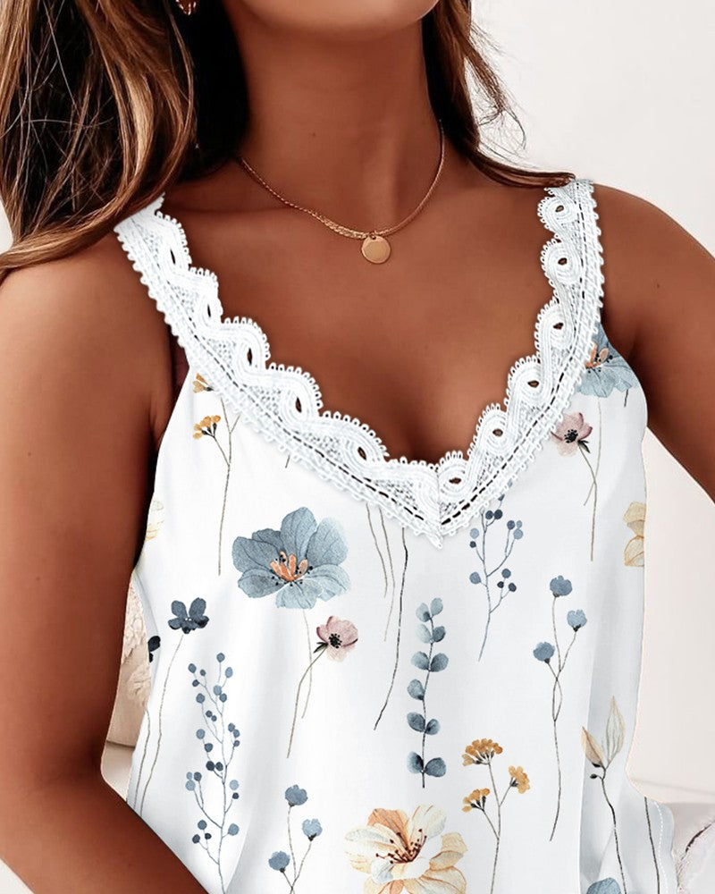 Floral Print Contrast Lace Sleeveless Top