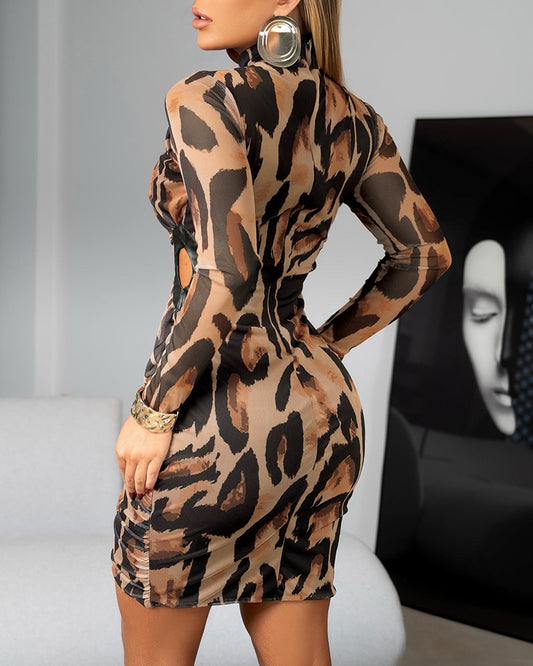 Leopard Print Long Sleeve Waist Hollow Out Bodycon Dress Casual Slim Fit Mini Dress