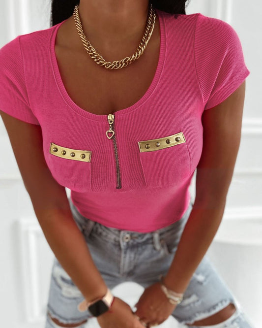 Round Neck Short Sleeve Zipper Front T Shirt Casual Pocket Design Slim Fit Ribbed Top