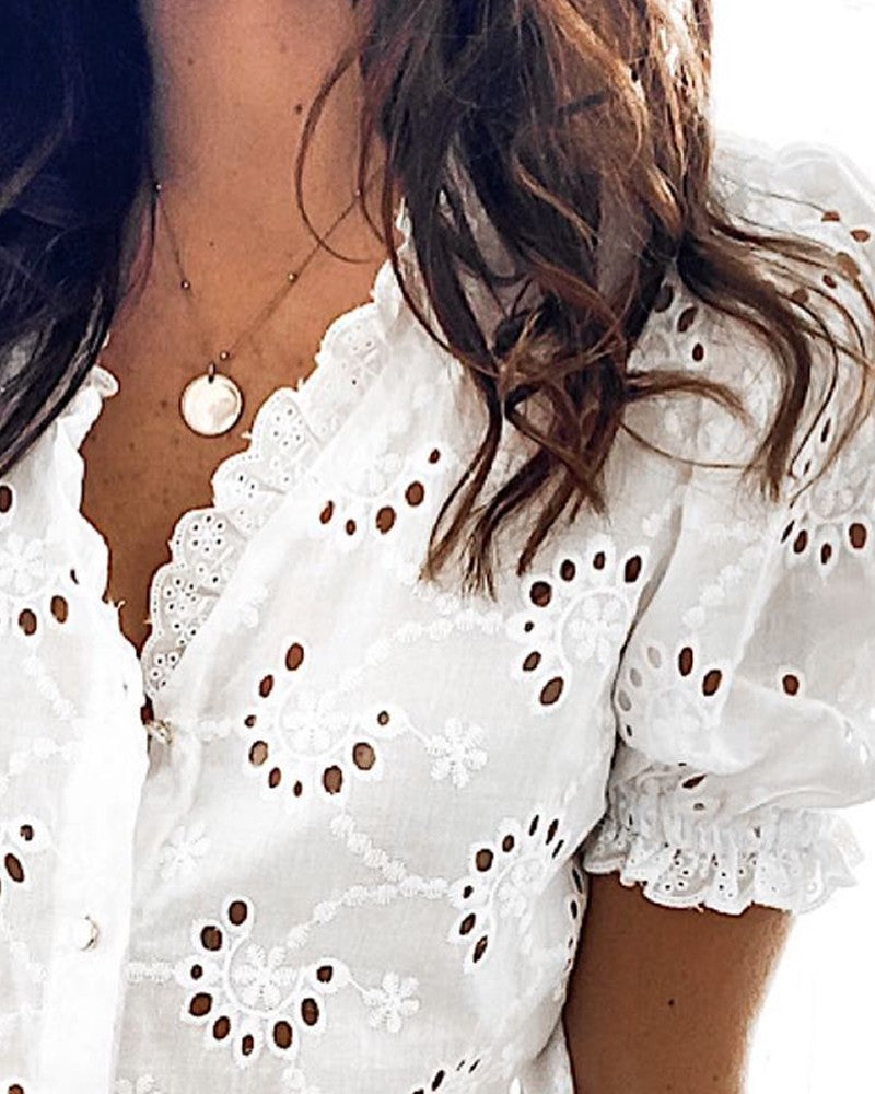 V Neck Puff Sleeve Hollow out Lace Blouse Casual Button Front Frill Hem Top