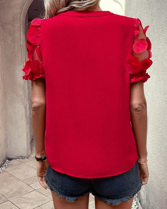 Jacquard V Neck Puff Sleeve Blouse Casual Sheer Mesh Patch Short Sleeve Top