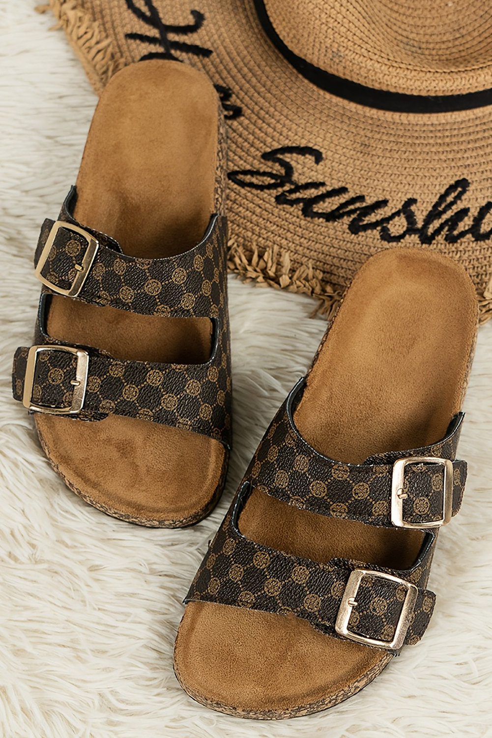 Coffee Geometric Print Cut Out Buckle PU Leather Flat Slippers