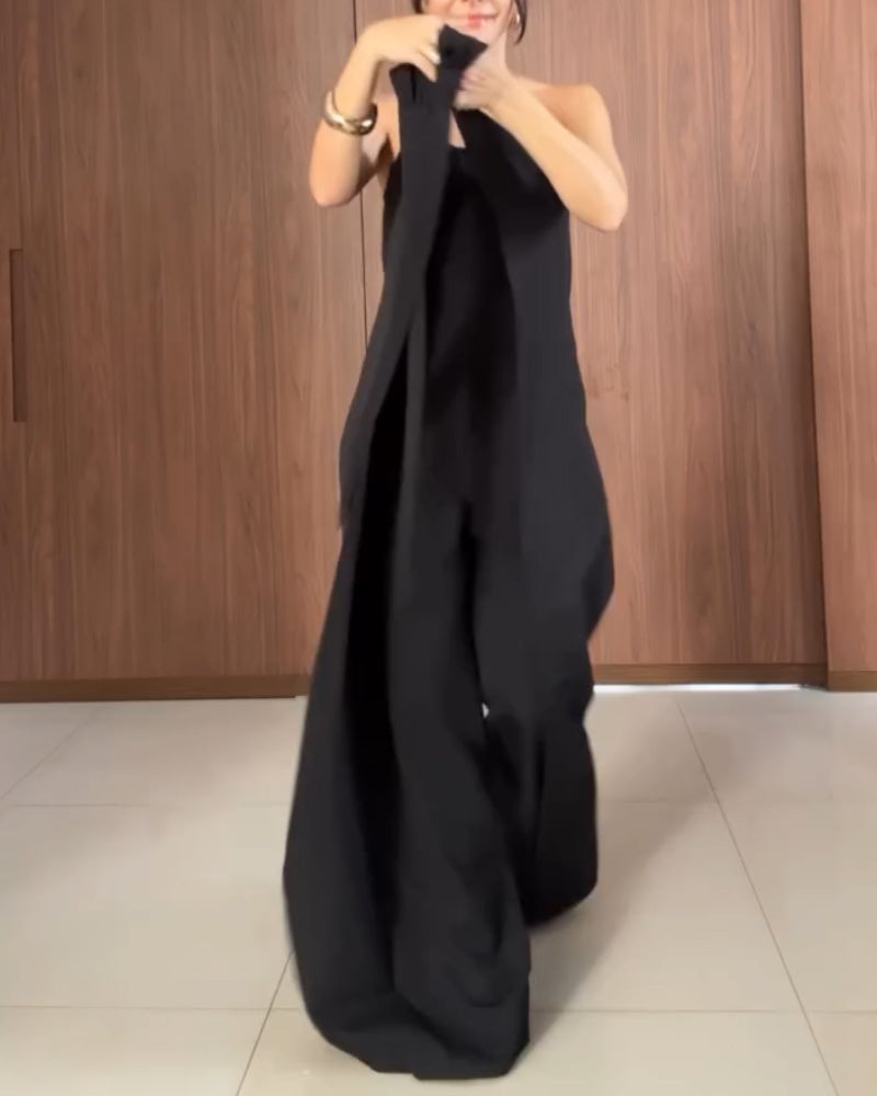 2 Pieces Outfit Plain Halter Cold Shoulder Front Slit Tied Detaill Top with Casual Business Pants Set