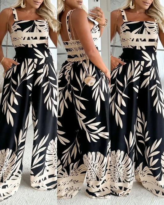 Tropical Print Square Neck Spaghetti Strap Backless Jumpsuit Casual Shirred Wide Leg Romper