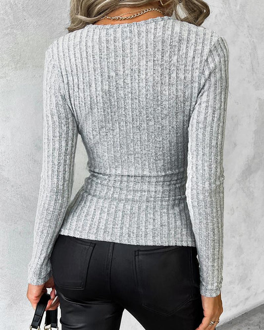 Side Button Deep V Neck Ribbed Top