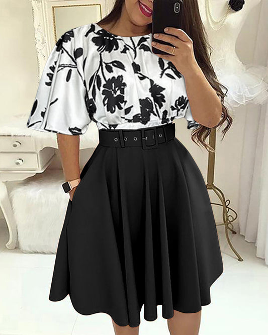 Floral Print Colorblock Flare Sleeve A line Dress Work Dress