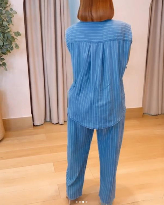 2 Pieces Outfit Striped Pocket Decor Turn down Collar Cap Sleeve Button Front Pleated Back Top and Casual Drawstring Elastic Waist Wide Leg Pants Set