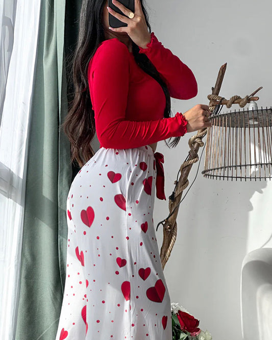 2 Pieces Outfit Frill Hem Long Sleeve Crop Top and Heart Pattern Drawstring Pants Pajamas Set