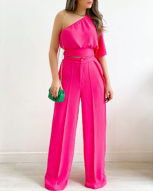 One Shoulder Half Sleeve Top and High Waist Button Ruched Wide Leg Pants Set