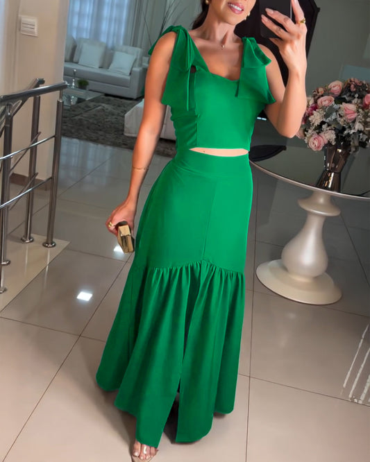 2 Pieces Outfit Lace Up Strap Shirred Crop Tank and Casual Slit Ruched Skirt Set