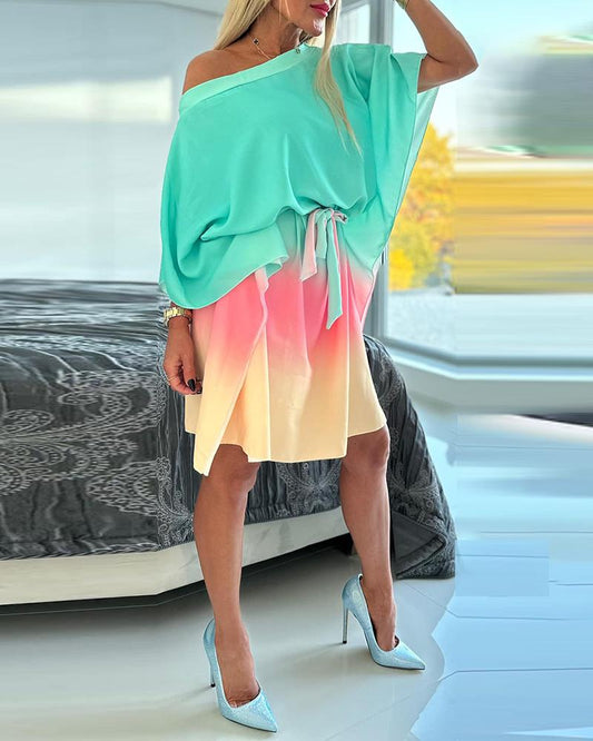Ombre Tied Detail Batwing Sleeve Dress