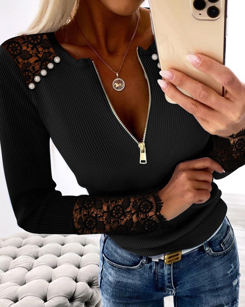 Contrast Lace Beaded Round Neck Long Sleeve Front Zipper Knit Pullover Casual Top