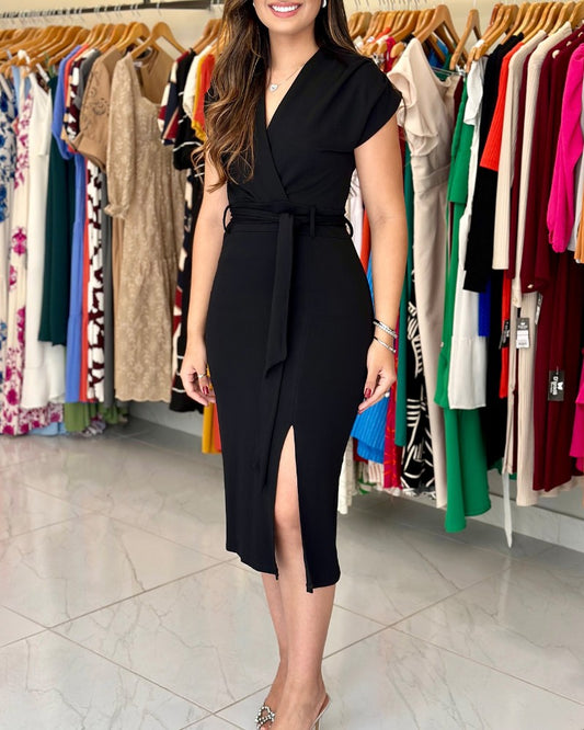 Plain V Neck Waist Tied Detail Bodycon Dress Casual Slit Midi Dress