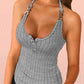 Halter Buttoned Chain Decor Ribbed Tank Top