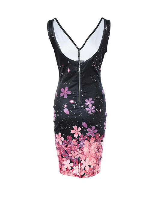 Contrast Lace Slit Plunge Floral Print Dress