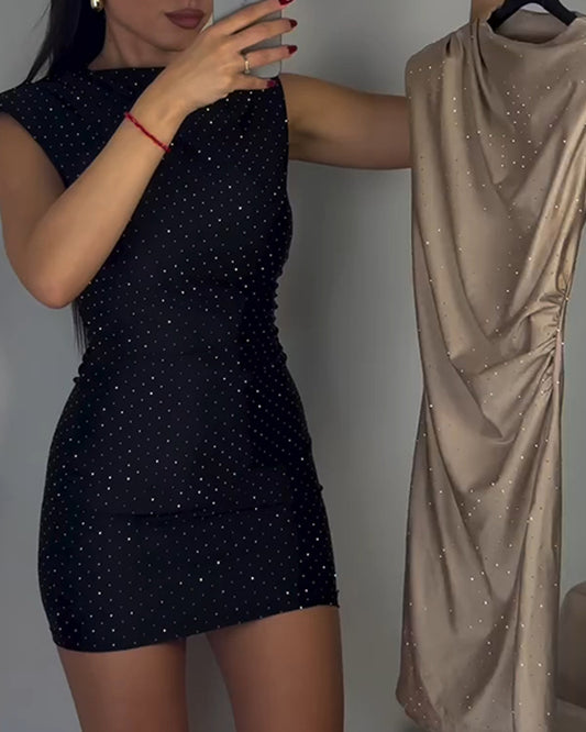 Glitter Rhinestone High Neck Sleeveless Bodycon Dress Casual Slim Fit Party Mini Dress