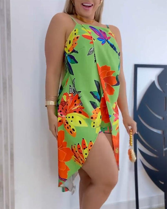 Tropical Floral Print Front Slit Cami Top & Drawstring Shorts Set
