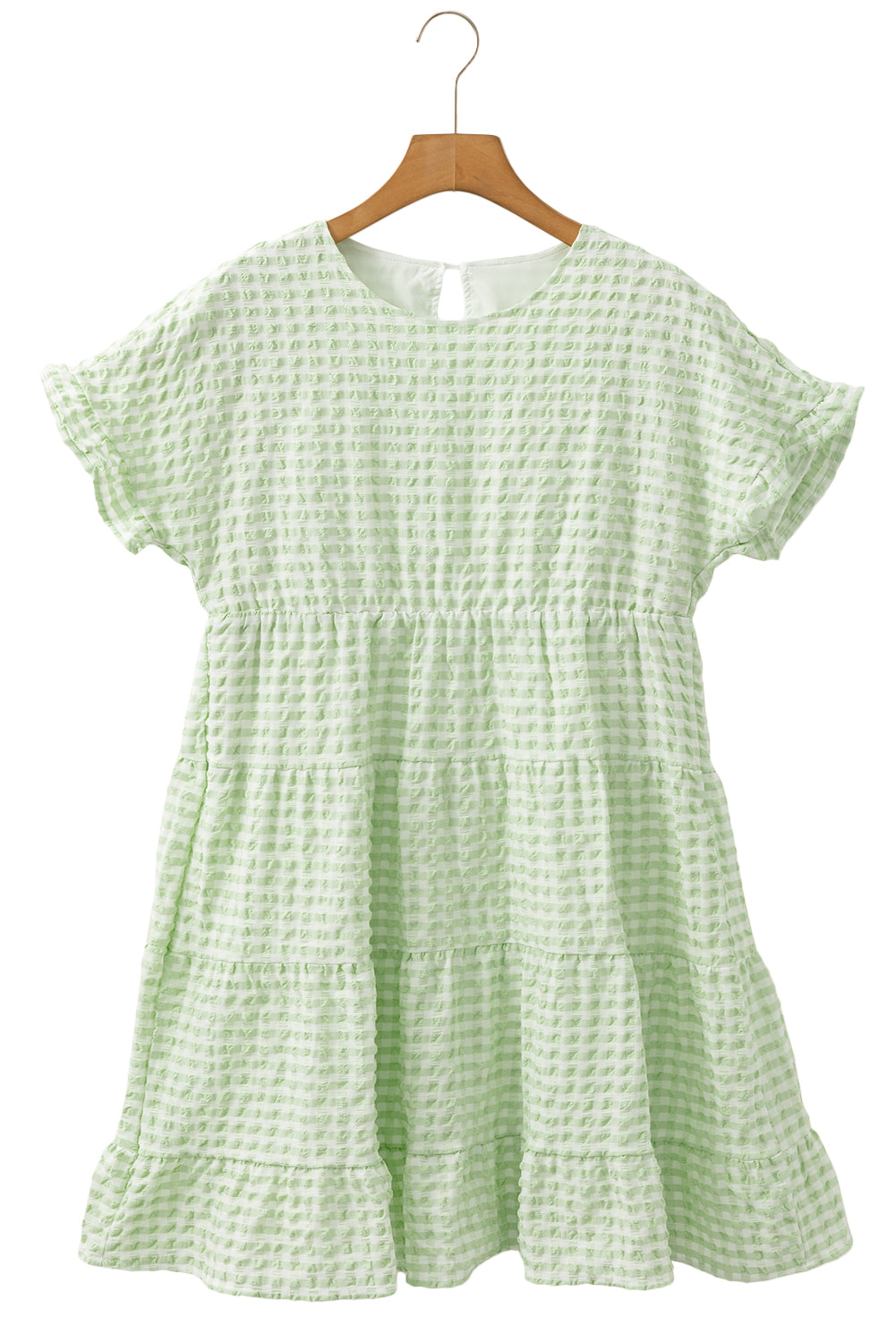 Green Stripe Textured Tiered Short Sleeve Loose Mini Dress