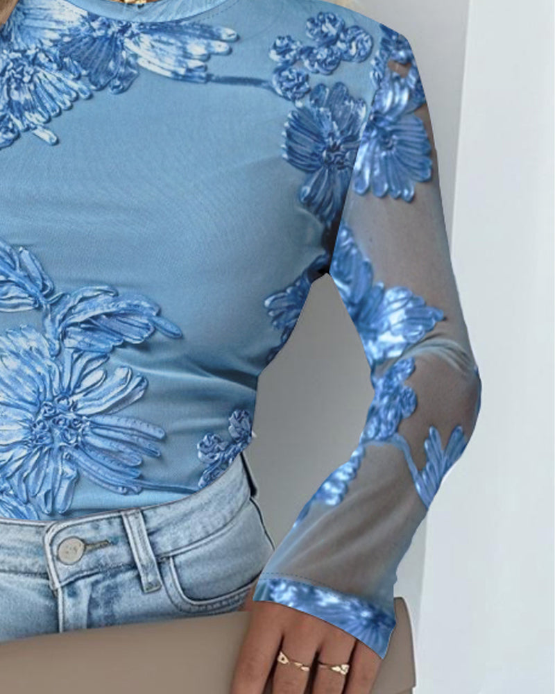 Floral Jacquard Round Neck Casual Mesh Skinny Top