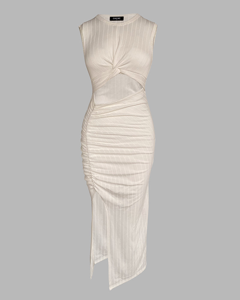 Round Neck Twist Ribbed Hollow Out Dress Sexy Strechy Slit Bodycon Midi Dress