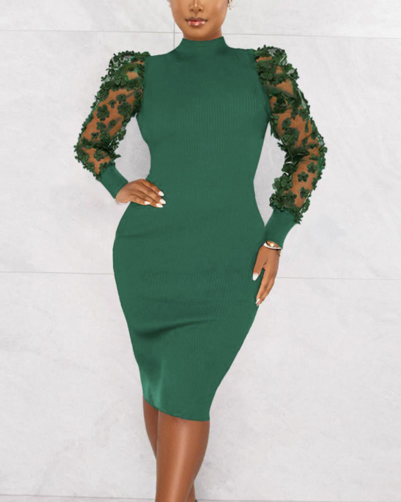 Contrast Mesh Puff Sleeve Ribbed Midi Dress