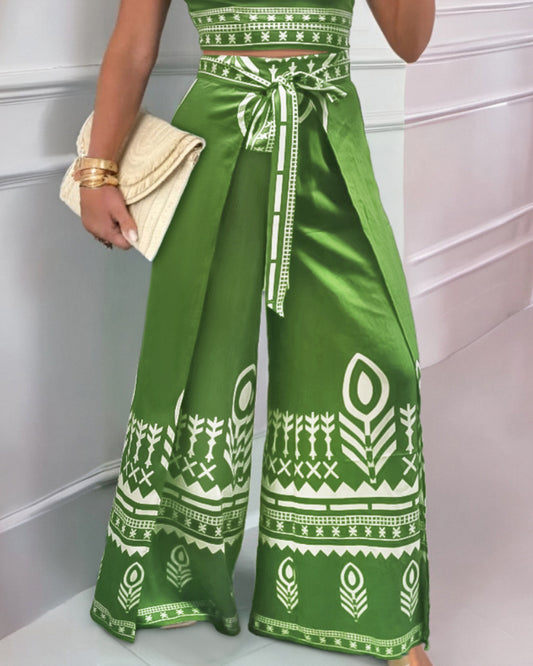 2 Pieces Outfits Tribal Print Keyhole Neck Sleeveless Top and Wide Leg Tied Detail Slit Pants Sets