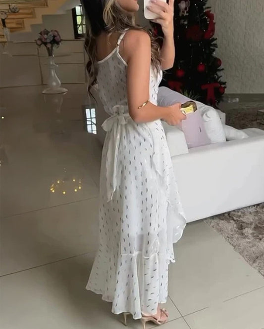 Bronzing V Neck Spaghetti Strap Ruffles Maxi Dress Casual Tied Detail Asymmetrical Dress