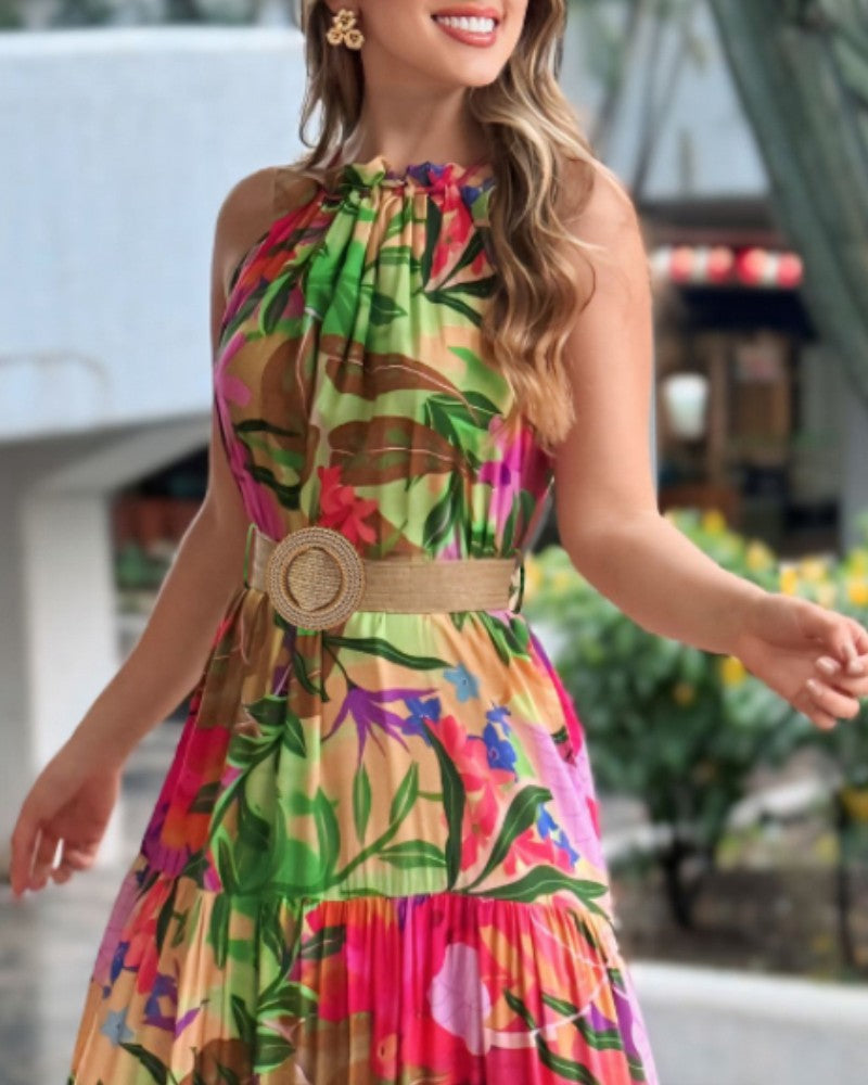 Tropical Print Halter Ruched Sleeveless Maxi Dress Casual A Line Flowy Smock Dress