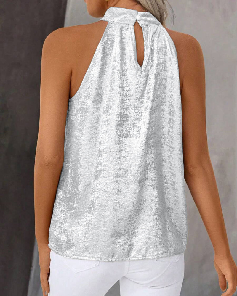 Metal Luster Ruched Halter Neck Blouse Tank Casual Loose Fit Top
