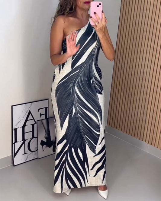Plants Print One Shoulder Thick Strap Dress Maxi Slit Dress with Pocket