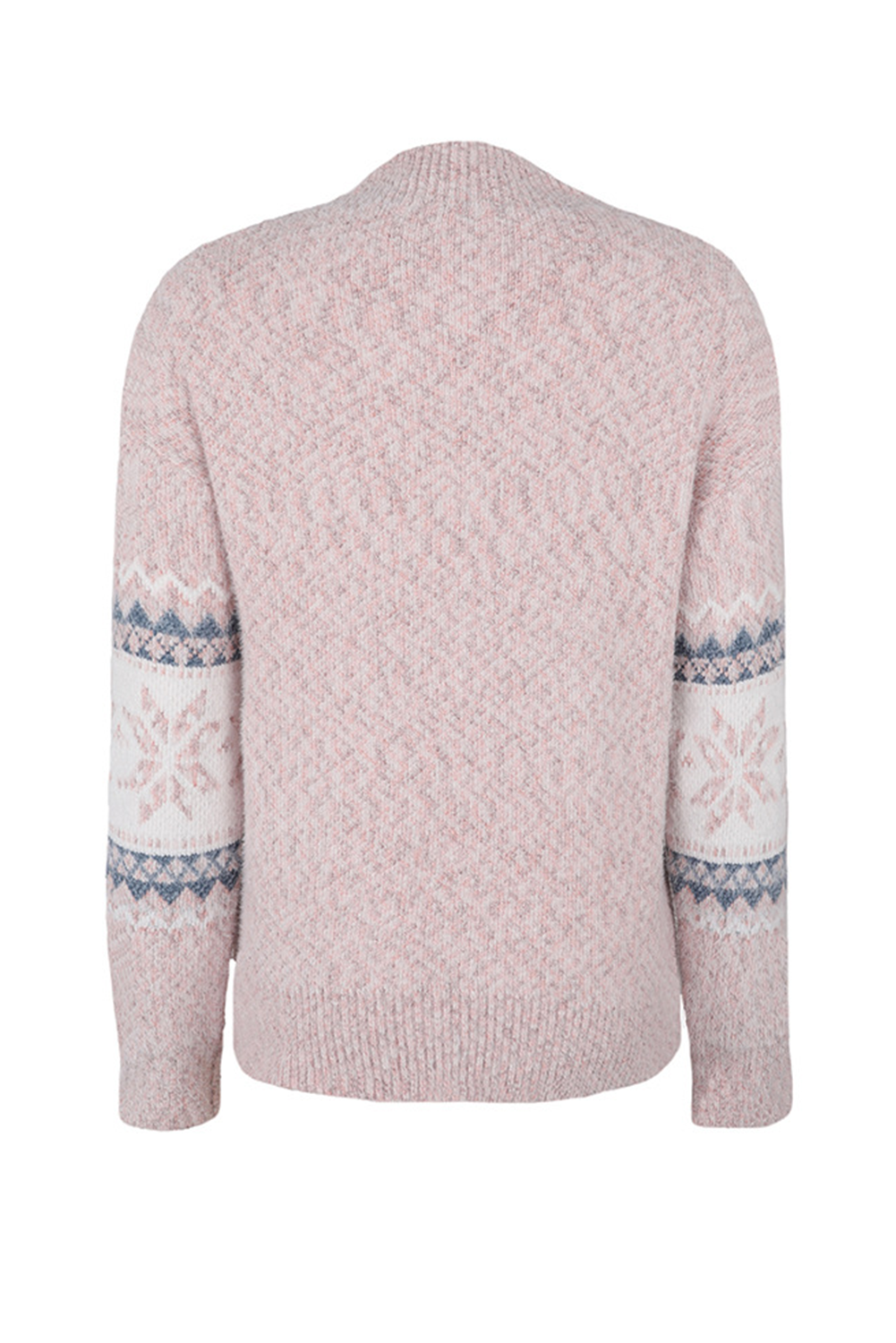 Light Pink Retro Snowflake Pattern Mock Neck Fuzzy Sweater