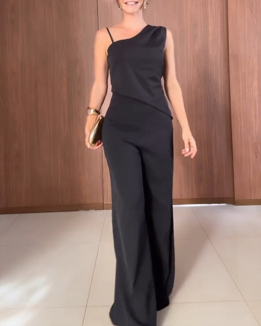 2 Pieces Outfit Asymmetrical Sleeveless Backless Tied Detail Top and Casual Straight Leg Pats Set