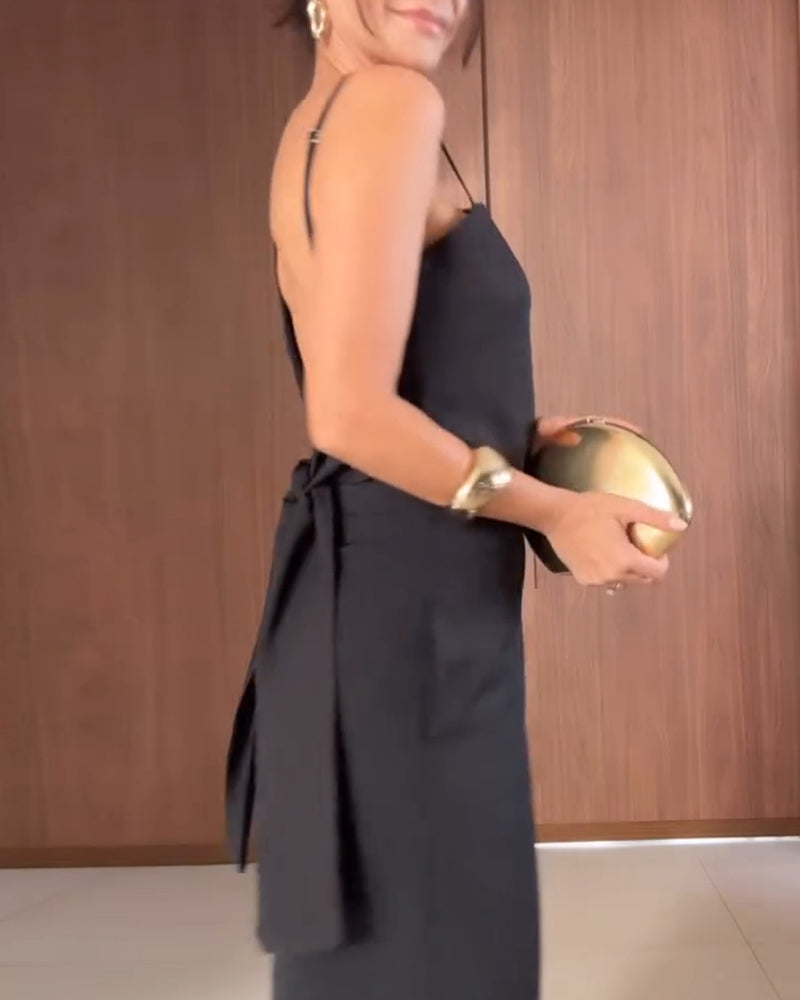 2 Pieces Outfit Asymmetrical Sleeveless Backless Tied Detail Top and Casual Straight Leg Pats Set