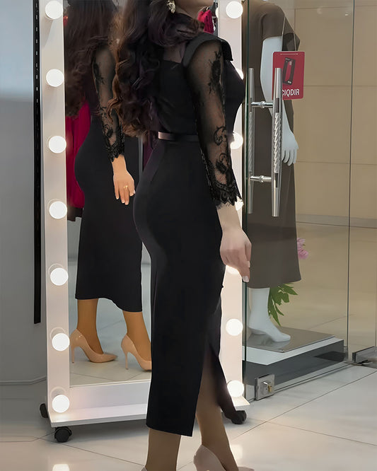 High Neck Long Sleeve Lace Pattern Mesh Patchwork Chic Zipper Mid Calf Dress