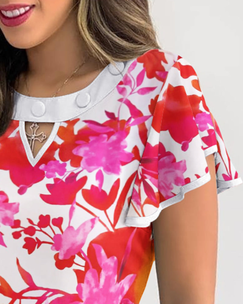 Floral Print Short Sleeve Blouse Ruffles Casual Top