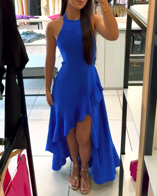 Halter Sleeveless A Line Dress Casual Ruffles Side Slit Maxi Dress