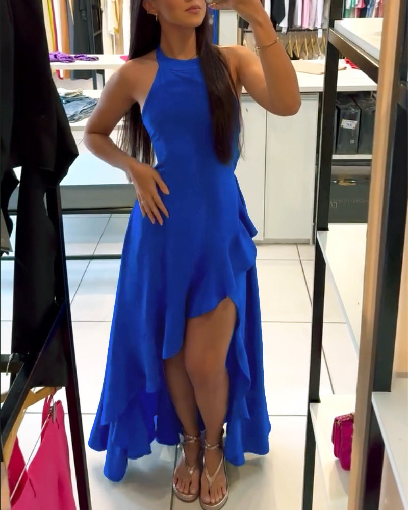 Halter Sleeveless A Line Dress Casual Ruffles Side Slit Maxi Dress