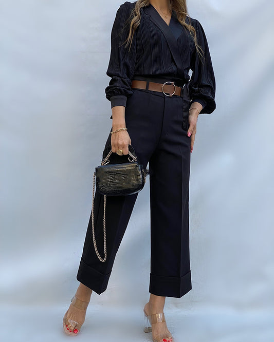 Overlap V Neck Tied Detail Cinched Waist Blouse Casual Textured Satin Top