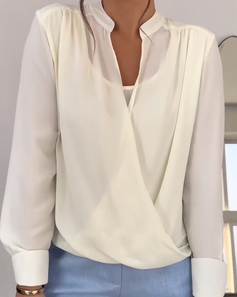 Stand Collar Overlap Draped Front Slit Hem Blouse Casual Faux Two Piece Chiffon Top