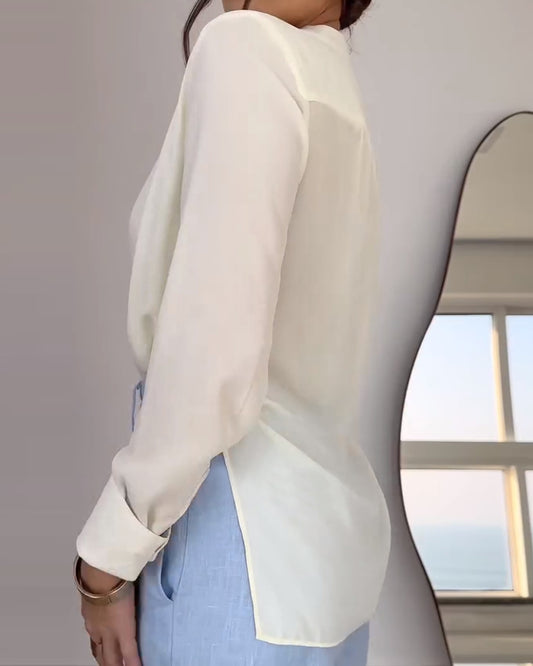 Stand Collar Overlap Draped Front Slit Hem Blouse Casual Faux Two Piece Chiffon Top