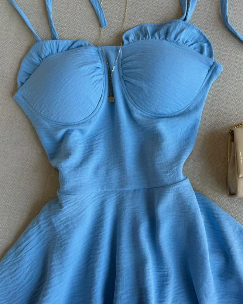 Plain Ruffles Shoulder Strap Square Neck Dress Romper Casual Shirred Waist Tied Detail Layered Short Jumpsuit