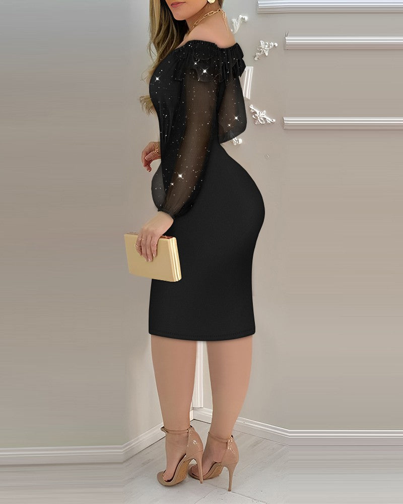 Glitter Off Shoulder Lantern Sleeve Party Dress Sheer Mesh Patch Bodycon Dress