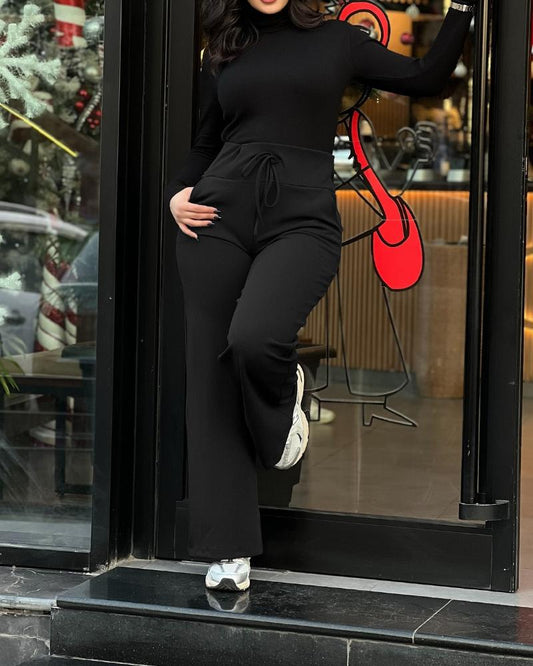 High Waist Drawstring Tied Detail Pants Casual Wide Leg Pants with Pockets