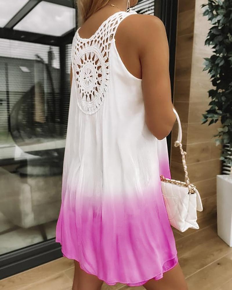 Gradient Tie Dye Print Hollow out Crochet Lace Summer Dress