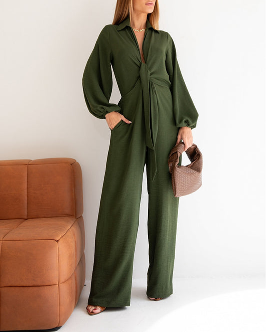 Puff Sleeve Plunge V Neck Criss Cross Tied Detail Jumpsuit Casual Elastic Waist Wide Leg Romper