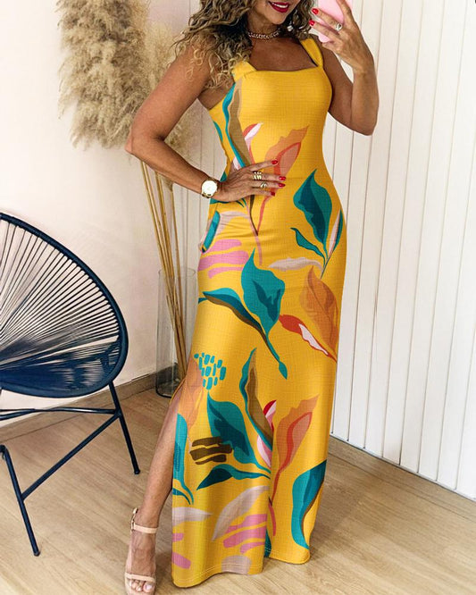 Tropical Print Thick Strap U neckline Slim Fit Slit Maxi Dress Vocation Dress with Pockets